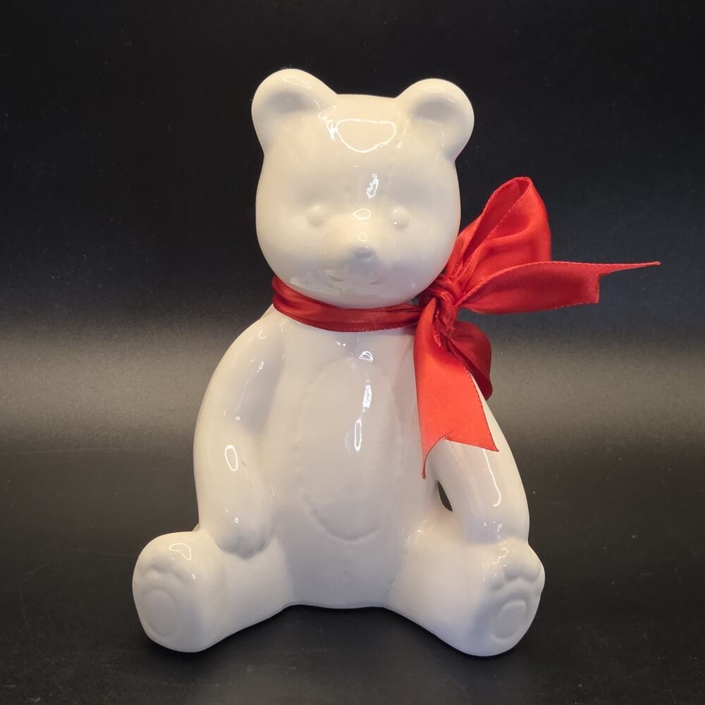 Vintage White Porcelain Bear Bank with Red Bow